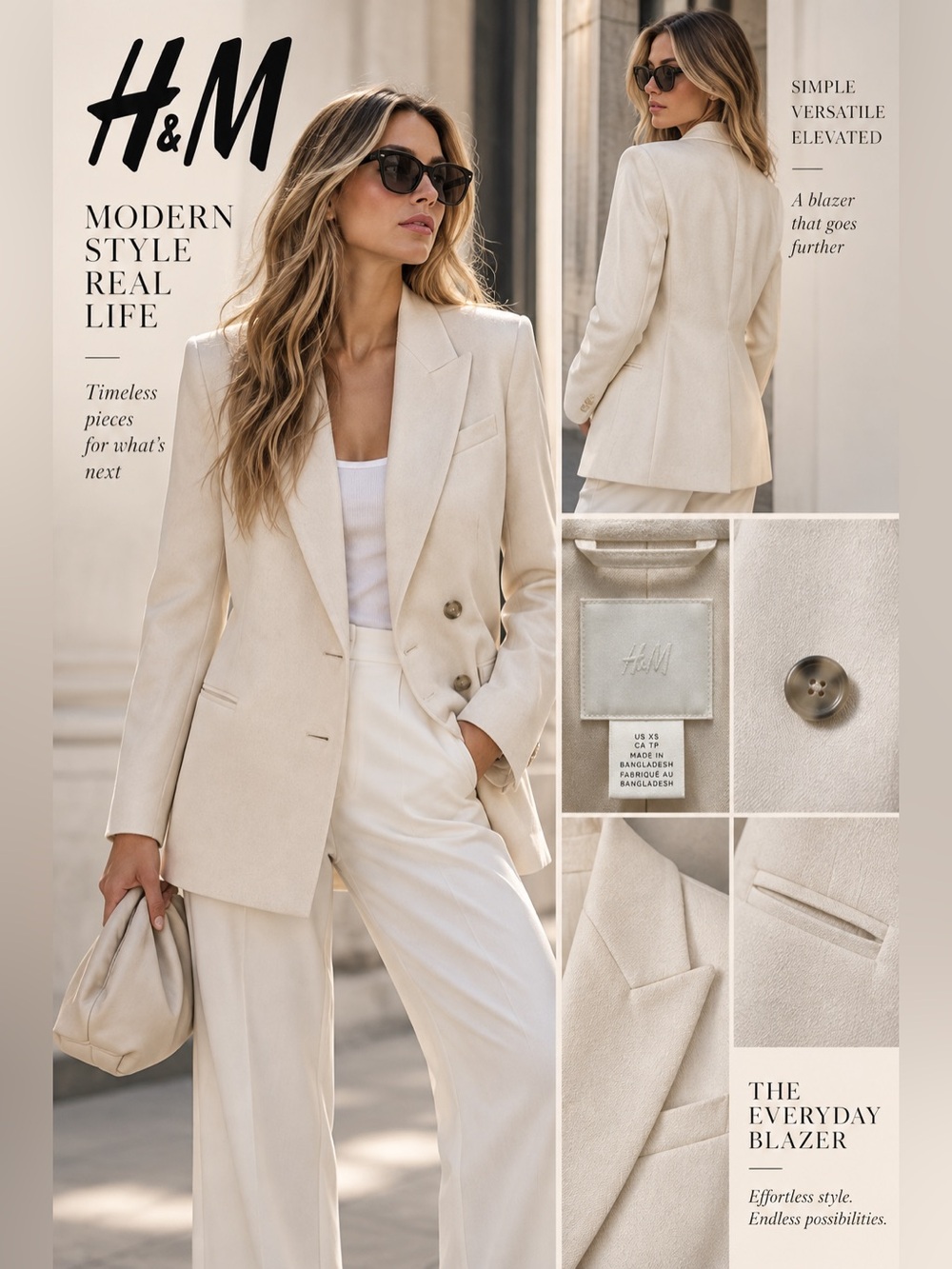 H&M XS Cream Ivory Textured Double Breasted Longline Blazer